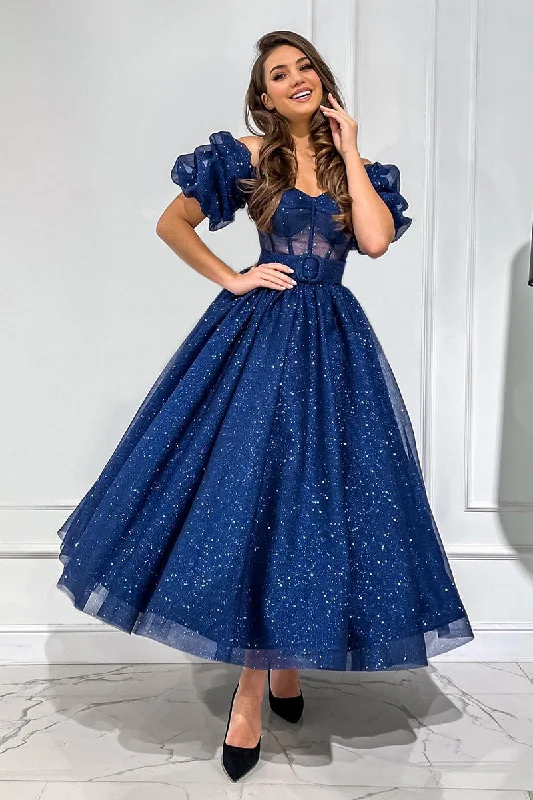 Unbeatable Prices elegant dressOff the Shoulder Short Sleeves Sparkly Prom Dress Vinatge Homecoming Dress QP0834
