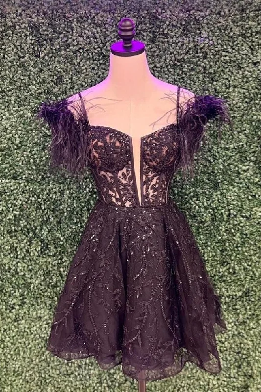 Seasonal Sale wrap-around dressBlack Off-the-Shoulder A-line Appliques Homecoming Dress with Feathers