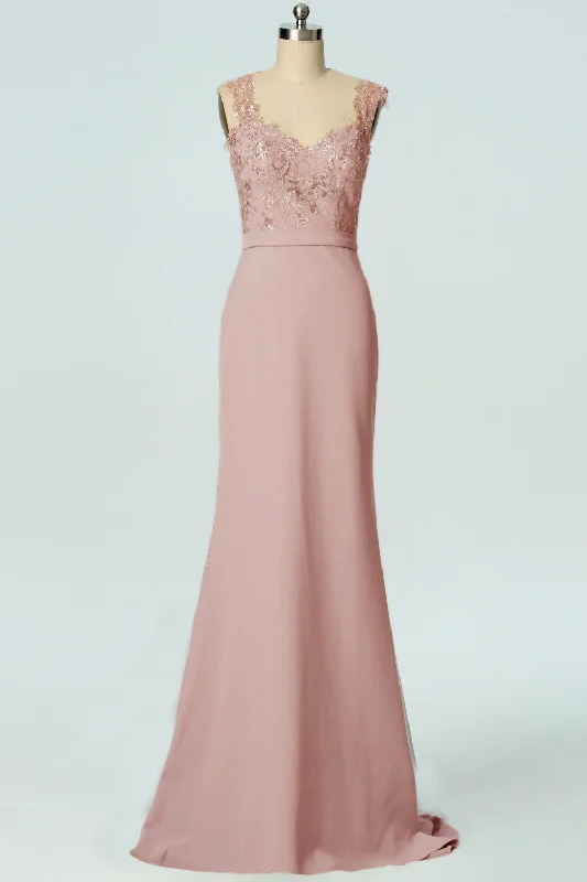 Super Deal ashionable dressDusty Rose Mermaid Sheer Strap Applique Crepe Long Bridesmaid Dress