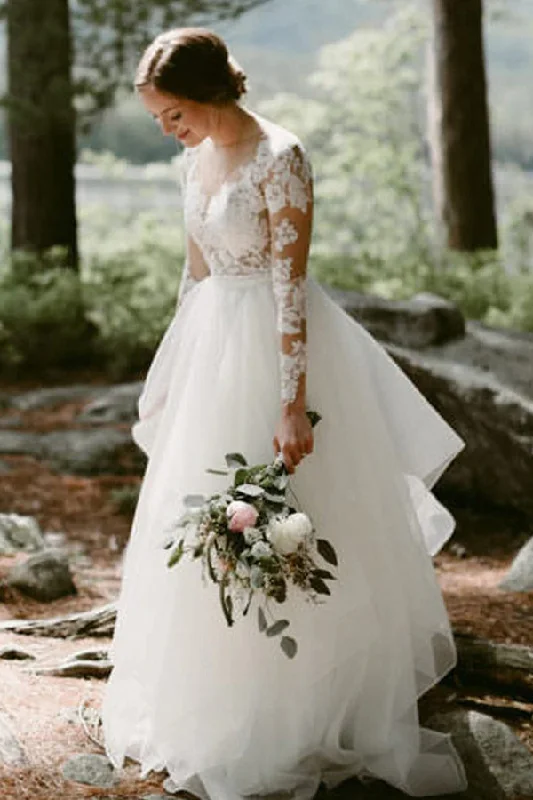 Price Blitz Charming White Floral Lace Wedding Dress Tulle Long Sleeves Garden Bridal Dress