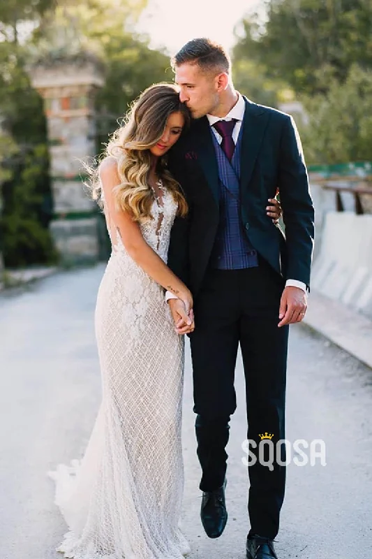 Super Bargain textured dressAttractive V-neck Mermaid Wedding Dress Chic Appliques Lace Wedding Gowns QW2323