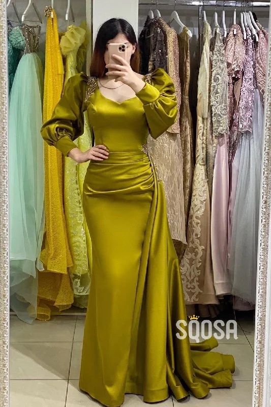 Act Fast satin midi dressUnique Scoop Long Sleeves Pleats Long Formal Evening Gowns QP0910