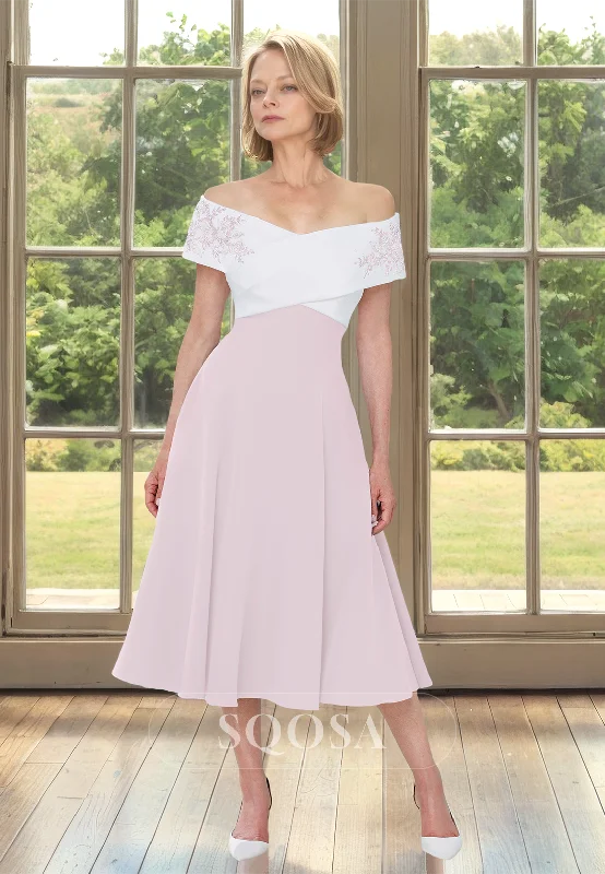 Season Finale Sale evening dressTube Top Off-Shoulder Sleeveless Pleated Applique Two Tone Midi A-Line Mother of the Bride Dress
