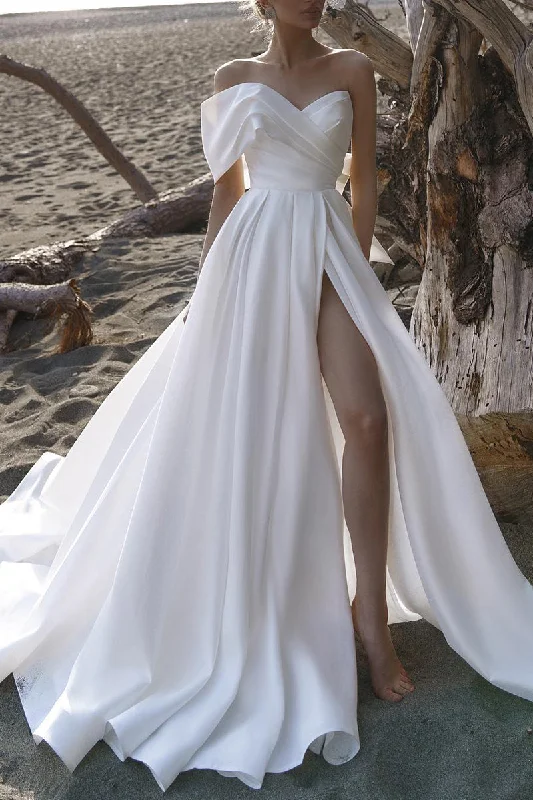 Price Cut backless dressHall Casual White Wedding Dress A LIne Off Shoulder Satin Pleated Simple Bridal Gowns QW2655