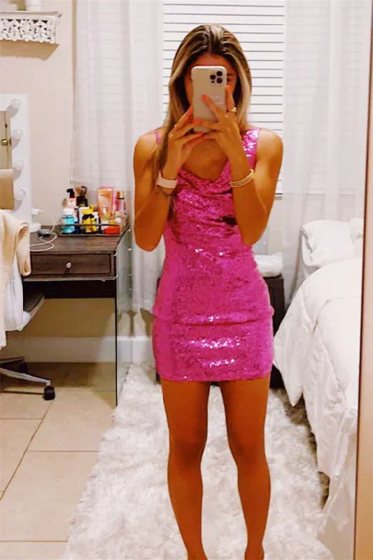 Price Cut long-sleeve floral dressAsymmetrical Shoulder Fuchsia Bodycon Homecoming Dress Y2865
