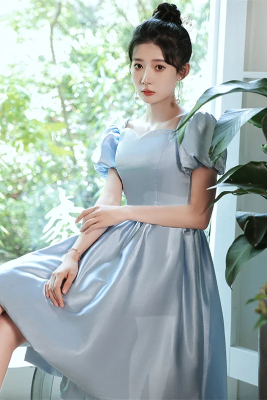 Special Discount casual day dressLight Blue Satin Hi-Low Puff Sleeves Homecoming Dress