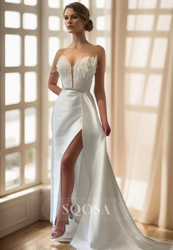 Bargain Prices elegant shift dressPlunging V-neck Feathers High Split Long Formal Evening Dress