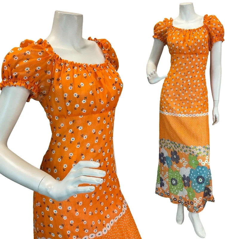 Bonus Savings VTG 60s 70s ORANGE DAISY PSYCH RETRO FLORAL PRINT PUFF SLEEVE MAXI DRESS 8 10