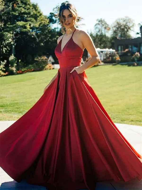 Super Sale satin dressBurgundy V Neck Long Prom Dresses, V Neck Wine Red Long Formal Evening Dresses Y236
