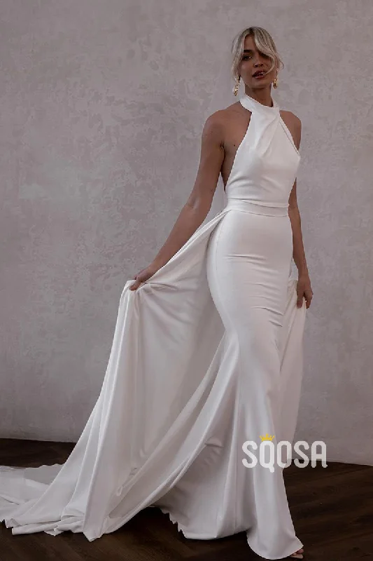 Limited Time casual midi dressQW8005 - Halter Mermaid Casual Wedding Dress White Simple Bridal Gowns With Train