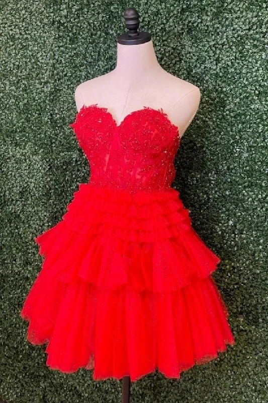 Reduced Prices bohemian dressRed Strapless Appliques A-line Multi-Layers Homecoming Dress