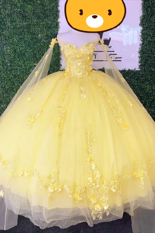 Extra Savings romantic dressGlitter Yellow Quinceanera Dresses Spaghetti Strap With Wrap Sweet 15 Ball Gowns 3D Flower Bead  Y4050