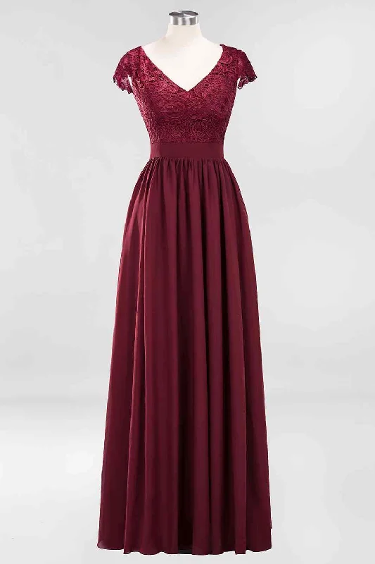 Huge Savings long-sleeve floral dressBurgundy A-line Cap Sleeves Lace Cut-Out Back Chiffon Long Bridesmaid Dress