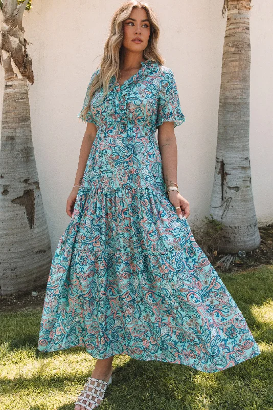 Special Price Sky Blue Paisley Print Boho Holiday Ruffle Tiered Maxi Dress