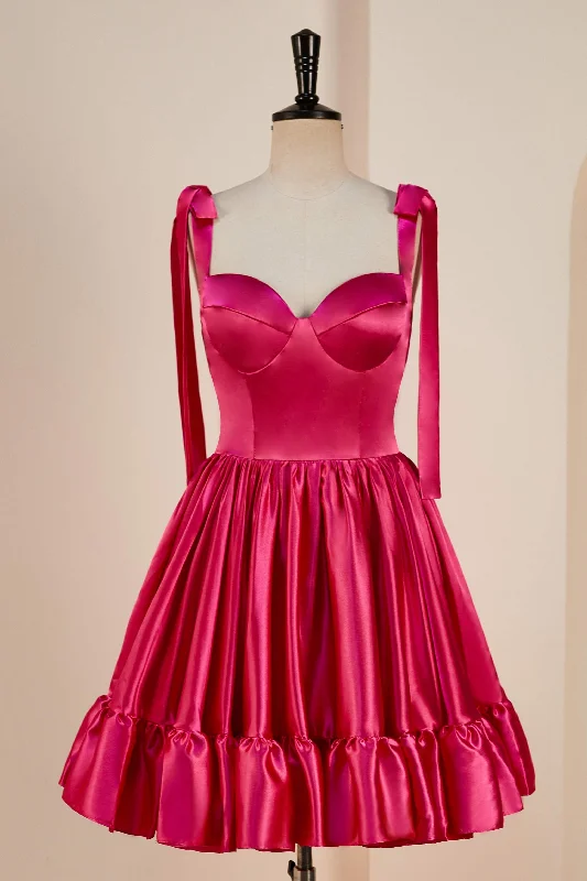 Instant Savings comfy dressRose Pink A-line Bow Tie Straps Ruffled Satin Homecoming Dress