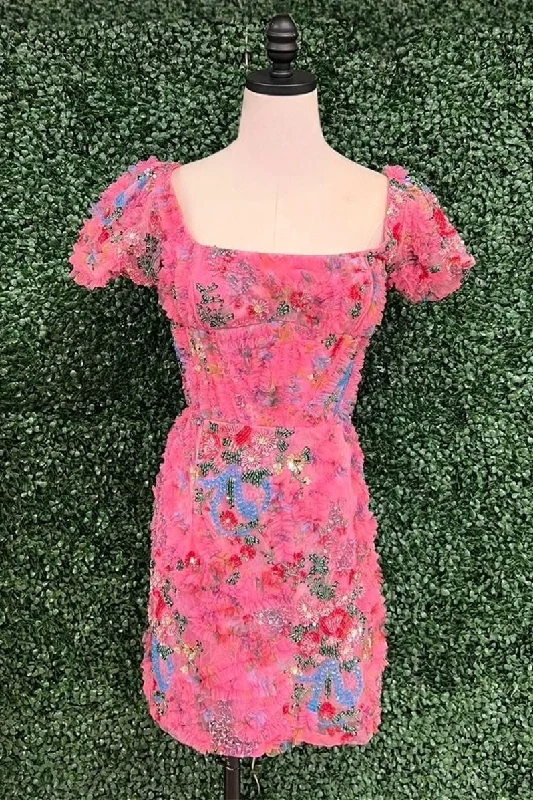Low Prices casual midi dressHot Pink Puff Sleeves Ruffled Sequined Embroidery Sheath Homecoming Dress