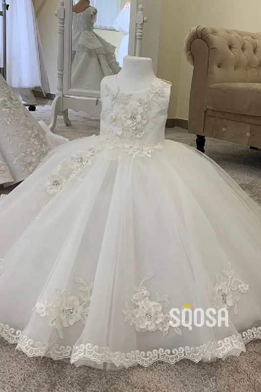 Discount Days trendy dressBall Gown 3D Appliques Ivory Flower Girl Dress Cute First Communion Dress QF1026