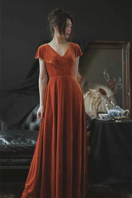 Deal Mania ashionable dressOrange Velvet Long Bridesmaid Dress with Cap Sleeves