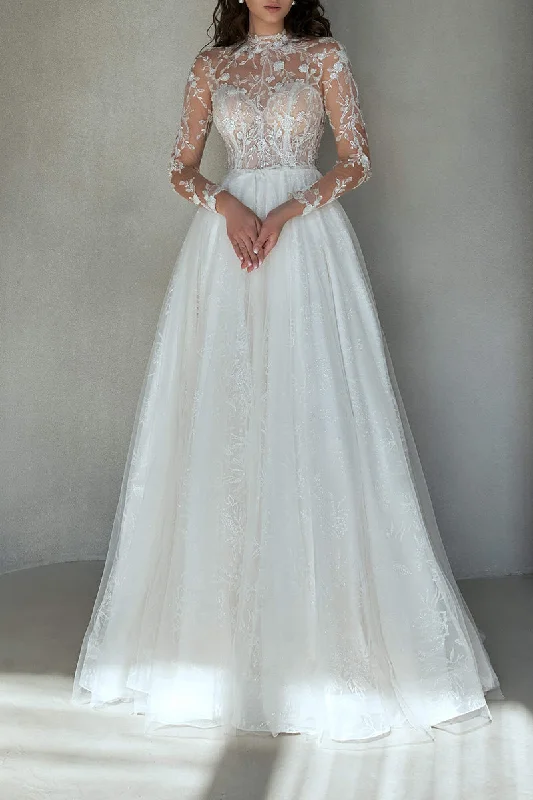 Exclusive Access oversized dressA line Illusion Neckline Romantic Lace Princess Wedding Dress Rustic Bridal Gown QW2262