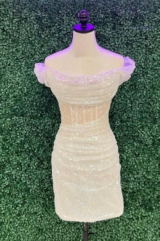 Closeout boho-chic dressIvory Off-the-Shoulder Sheath Sequins Homecoming Dress