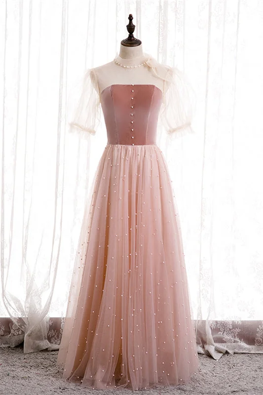 Daily Specials trendy bodycon dressBlushing Pink Illusion Neck Puff Sleeves Pearl Beaded Maxi Formal Dress