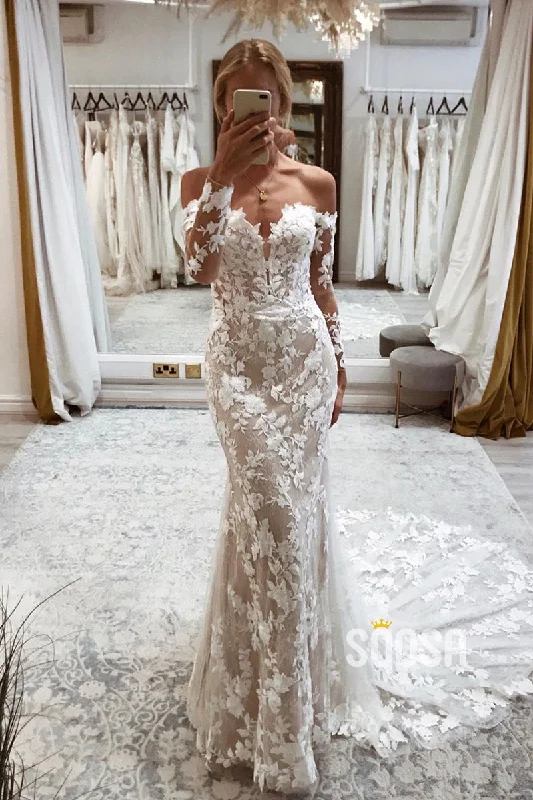 Anniversary Sale casual knit dressOff the Shoulder Long Sleeves Mermaid Wedding Dress Lace Bridal Gown QW2508