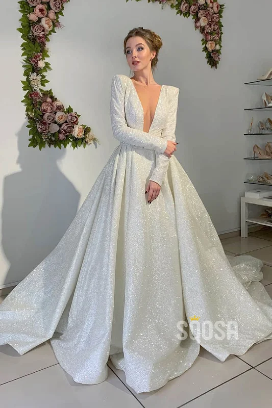 Price Drop evening dressA-line Attractive V-neck Long Sleeves Rustic Wedding Dress Glitter Bridal Gown QW2146