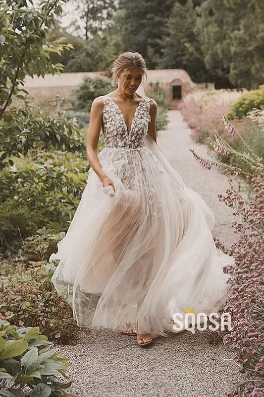 Weekend Deal puff sleeve dressIllusion V-Neck Applliques Modest Tulle A-Line Rustic Wedding Dress Bohemian Wedding Gowns QW0859