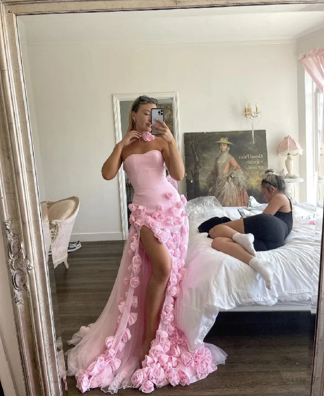 Massive Deals luxury dressChic Pink Strapless Long Prom Dress with 3D Flowers Y2723