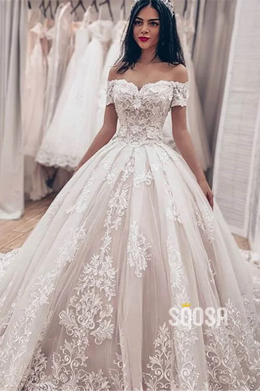 Lowest Price satin midi dressUnique Off-Shoulder Exquisite Lace Appliques Ball Gown Wedding Dress QW2403