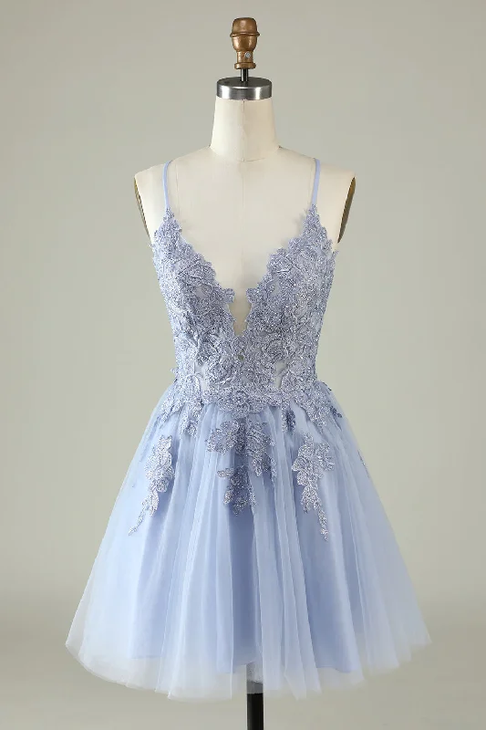 Anniversary Sale stylish party dressA Line Spaghetti Straps Light Purple Short Homecoming Dress with Appliques Y2671