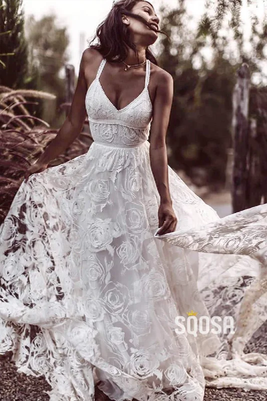 Discount Deals sophisticated dressLuxury Lace Chic Halter A-Line Bohemian Wedding Dress with Slit Bridal Gowns QW0862