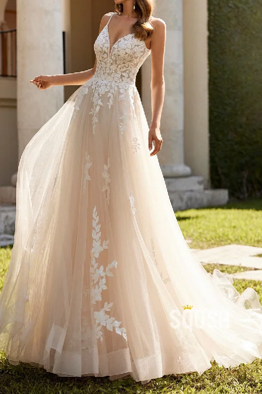 Loyalty Reward textured dressA-Line V-Neck Spaghetti Straps Lace Applique Tulle Summer Wedding Dress QW8208
