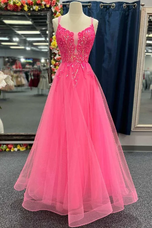 Must-Have Deals lace dressHot Pink Tulle Appliques Lace-Up A-Line Long Prom Dress Y2791