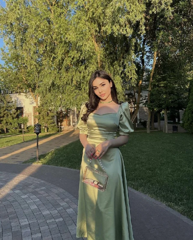 Final Sale modern dressSage Green A-line Satin Prom Dress  Y2654