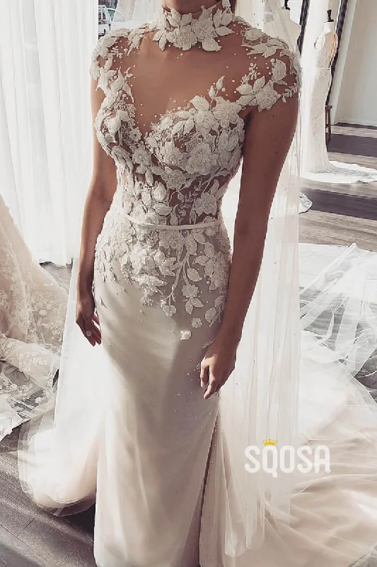 Weekend Special fitted bodycon dressUnique High Neck 3D Lace Wedding Dress Mermaid Gown QW2505