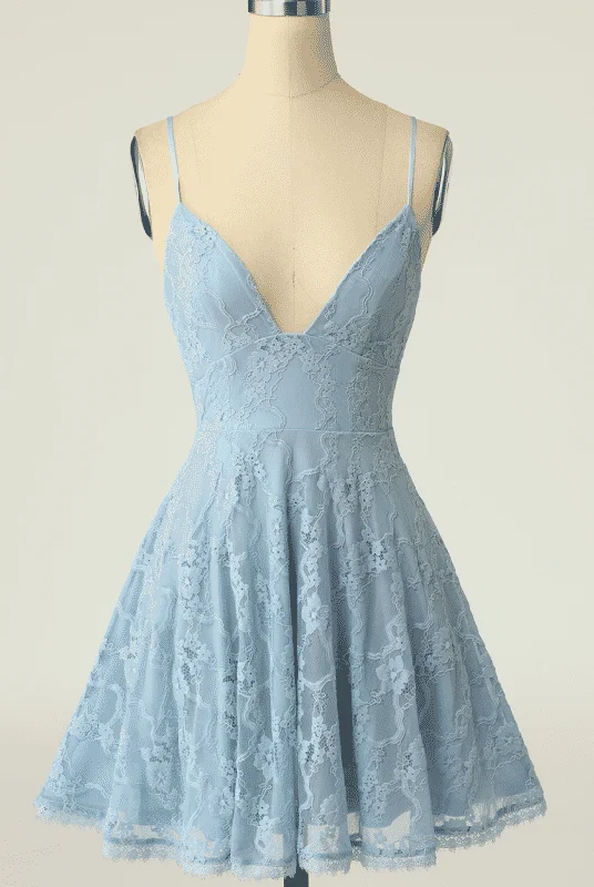 Great Deals printed dressSky Blue A-line V Neck Lace-Up Back Lace Mini Homecoming Dress