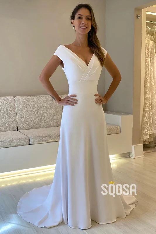 Savings Event trendy mini dressSexy V-Neck Pleats Simple Wedding Dress Bridal Gown QW0846