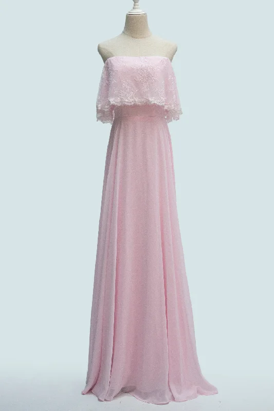 Special Discount elegant shift dressCandy Pink A-line Strapless Chiffon Ruffle Applique Long Bridesmaid Dress