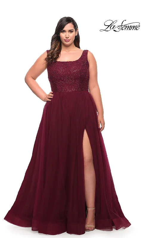 Big Discounts satin dressLa Femme Long Lace-Bodice Plus-Size Prom Dress