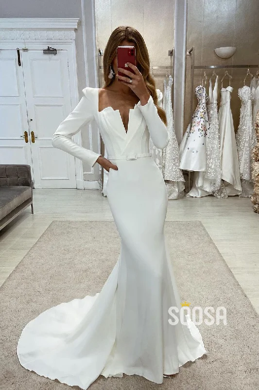 Price Meltdown ruffle dressSatin Trumpet Long Sleeve Belt With Train Beach Wedding Dress QW8096