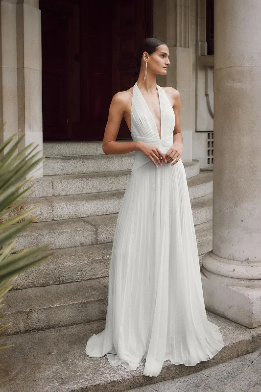 Year-End Sale classic fit-and-flare dressAttractive Deep V Neck Pleats Beach Wedding Dress White Boho Bridal Gown QW2348