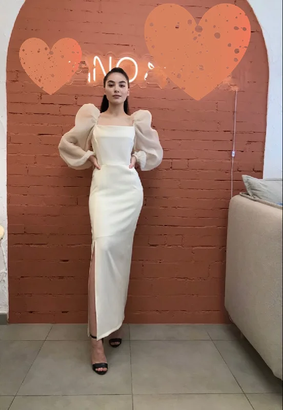 New Arrival wool dressVintage Square Neckline White Prom Dress with Split Y3063