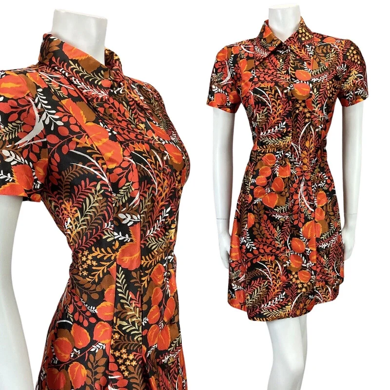 Best Deals VINTAGE 60s 70s BLACK ORANGE RED FLORAL LEAF PRINT BOHO MOD MINI DRESS 12