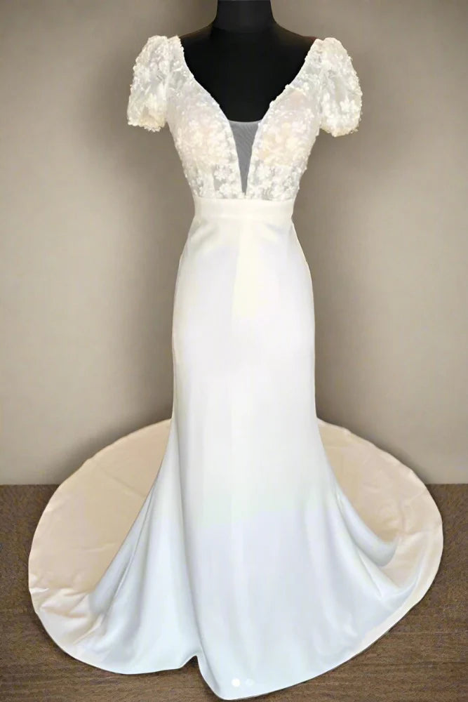 Sneak Peek Sale trendy mini dressElegant Satin Fitted Low V-Neck Short Sleeves With Scoop Train Wedding Dress