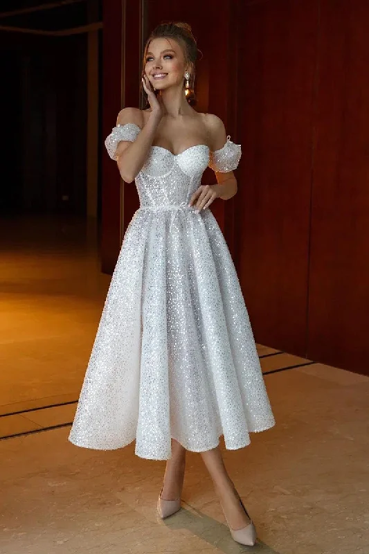 Great Deals classic fit-and-flare dressA Line Sweetheart Short Sleeves Sparkly Boho Wedding Dress QW0829