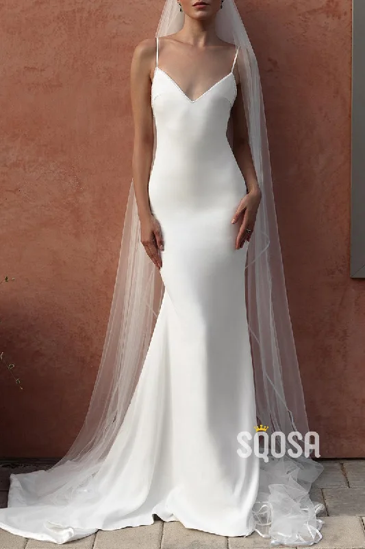 Price Reduction floral wrap dressSimple V-Neck Spaghetti Straps Trumpet With Train Wedding Dress QW8137