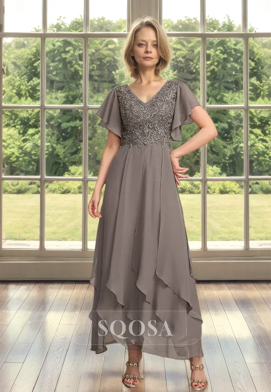 Big Discounts stylish party dressV-neck Cap-Sleeves Tulle A-Line Cocktail Gowns Pleated Applique Floor-Length Mother of the Bride Dress