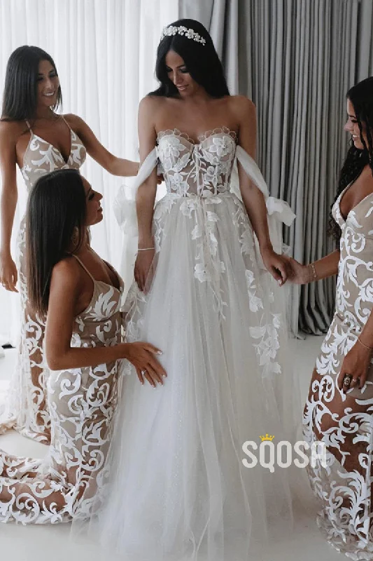 Instant Discount chic dressA-line Sweetheart Lace Appliques Rustic Wedding Dress Bridal Gown QW0868
