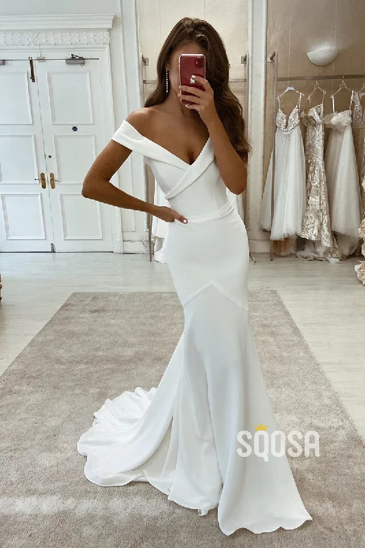 Grand Opening Sale minimalistic dressIvory Satin Off The Shoulder Mermaid Wedding Dress QW2582